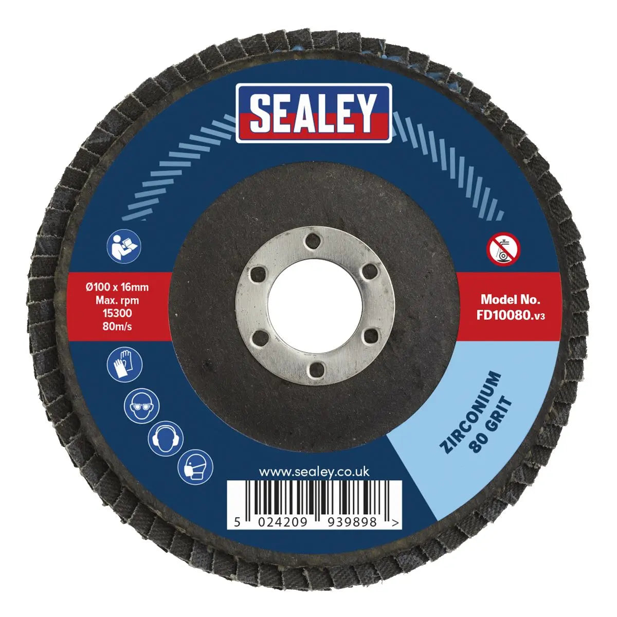Sealey Flap Disc Zirconium Ø100mm Ø16mm Bore 80Grit 