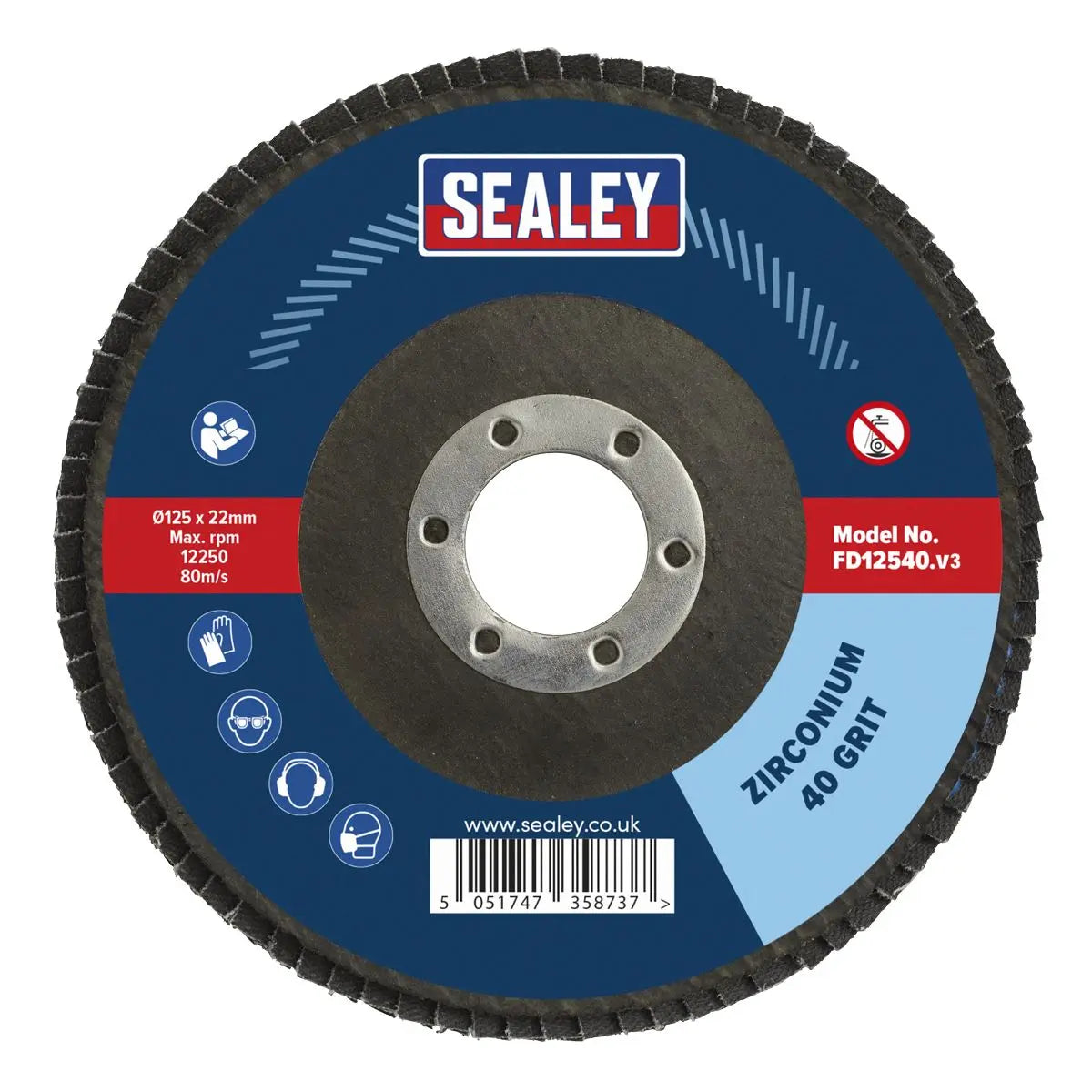 Sealey Flap Disc Zirconium Ø125mm Ø22mm Bore 40Grit 