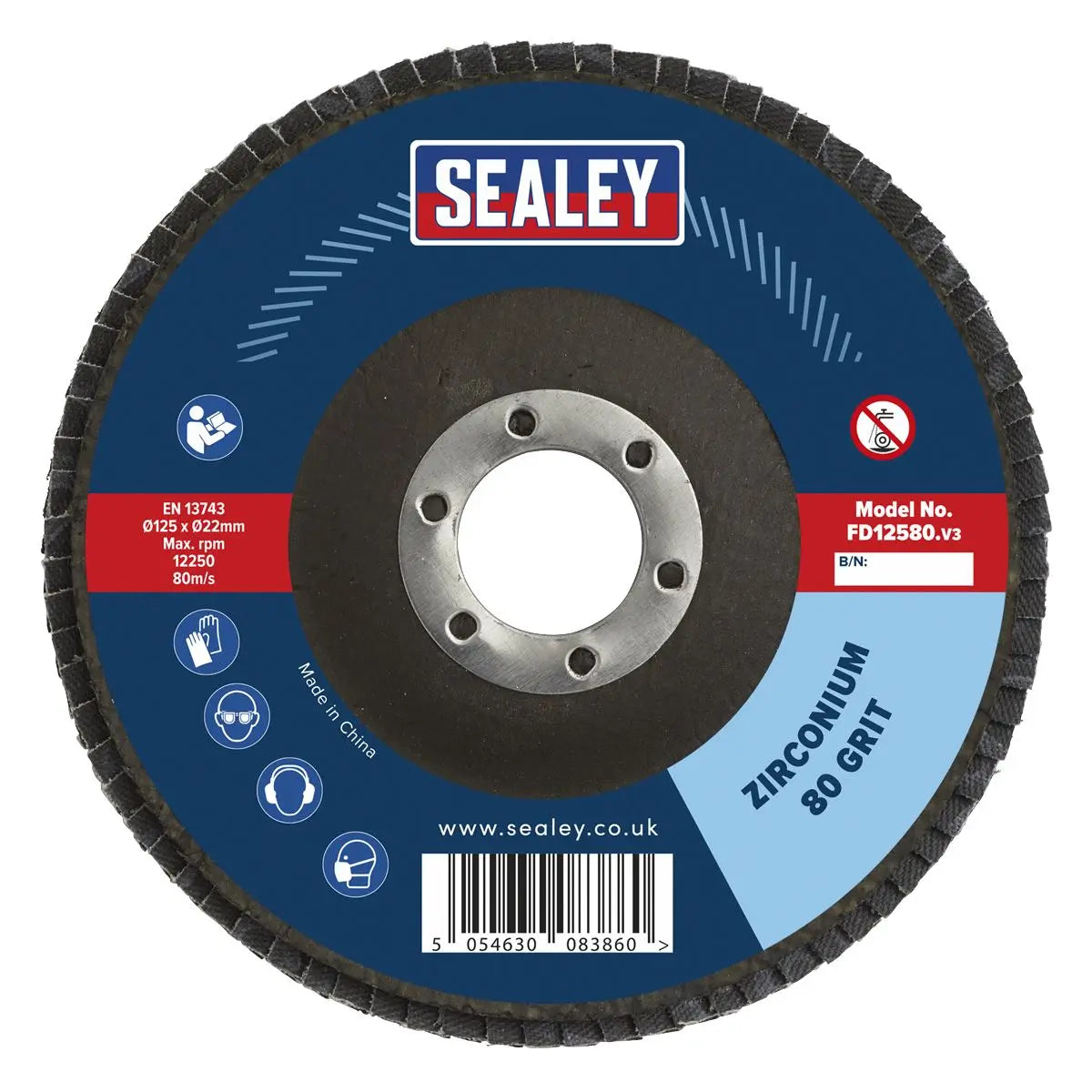 Sealey Flap Disc Zirconium Ø125mm Ø22mm Bore 80Grit 