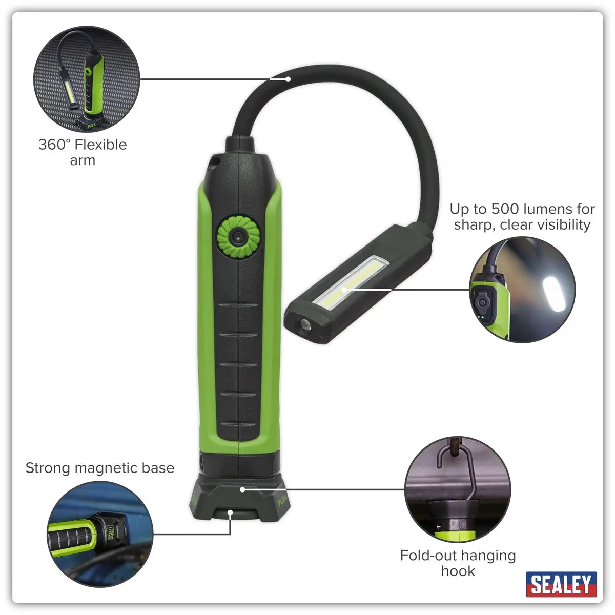 Sealey Flexi COB LED Rechargeable Inspection Lamp Magnetic Base 500 Lumens  White Rose Tools