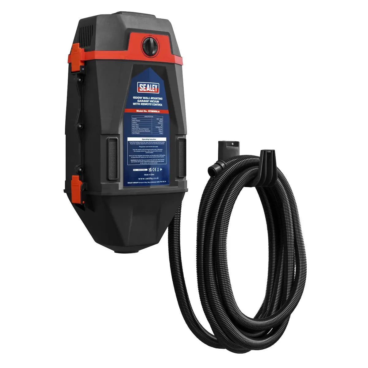 Sealey Garage Vacuum 1500W with Remote Control - Wall Mounting  White Rose Tools