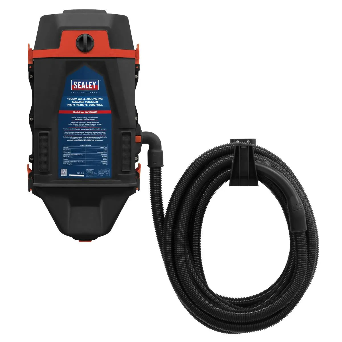 Sealey Garage Vacuum 1500W with Remote Control - Wall Mounting  White Rose Tools