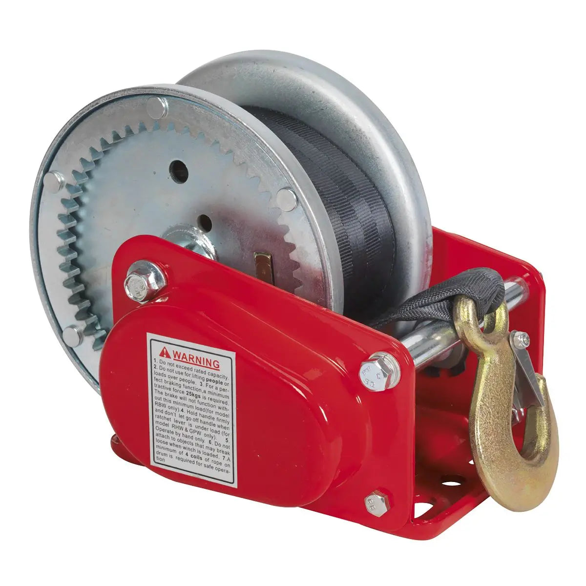 Sealey Geared Hand Winch with Brake & Webbing 900kg Capacity 