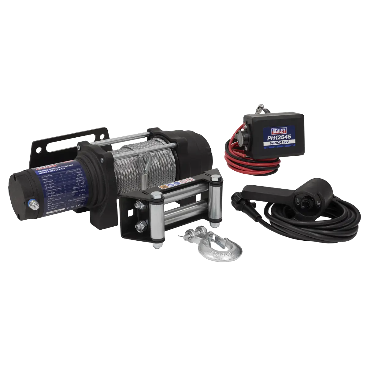 Sealey Geared Winch with Brake 450kg Line Pull 12V  White Rose Tools
