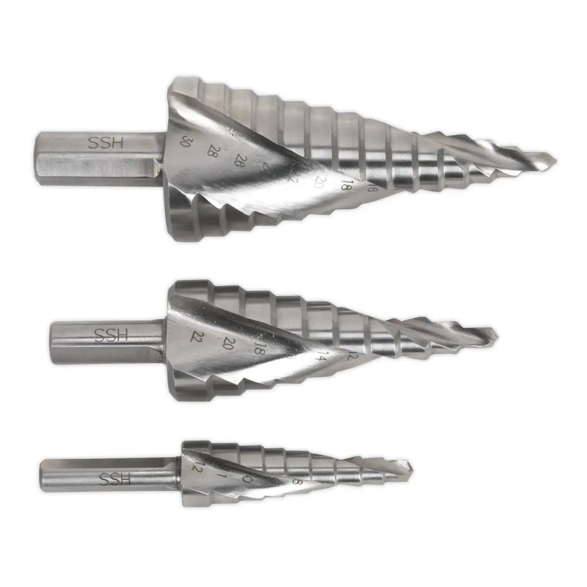 Sealey HSS 4341 Step Drill Bit Set 3pc Spiral Flute 