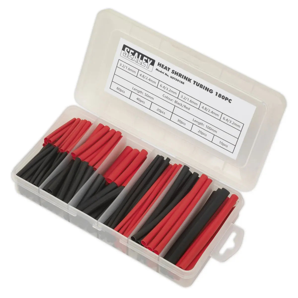 Sealey Heat Shrink Tubing Assortment 180pc 50 & 100mm Black & Red 