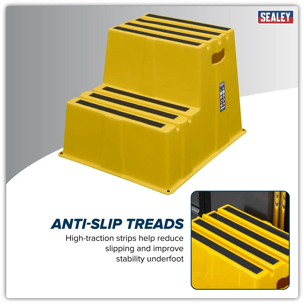 Sealey Heavy-Duty 2-Step Safety Steps with Anti-Slip Treads 150kg Capacity, Yellow - EN 14183  White Rose Tools
