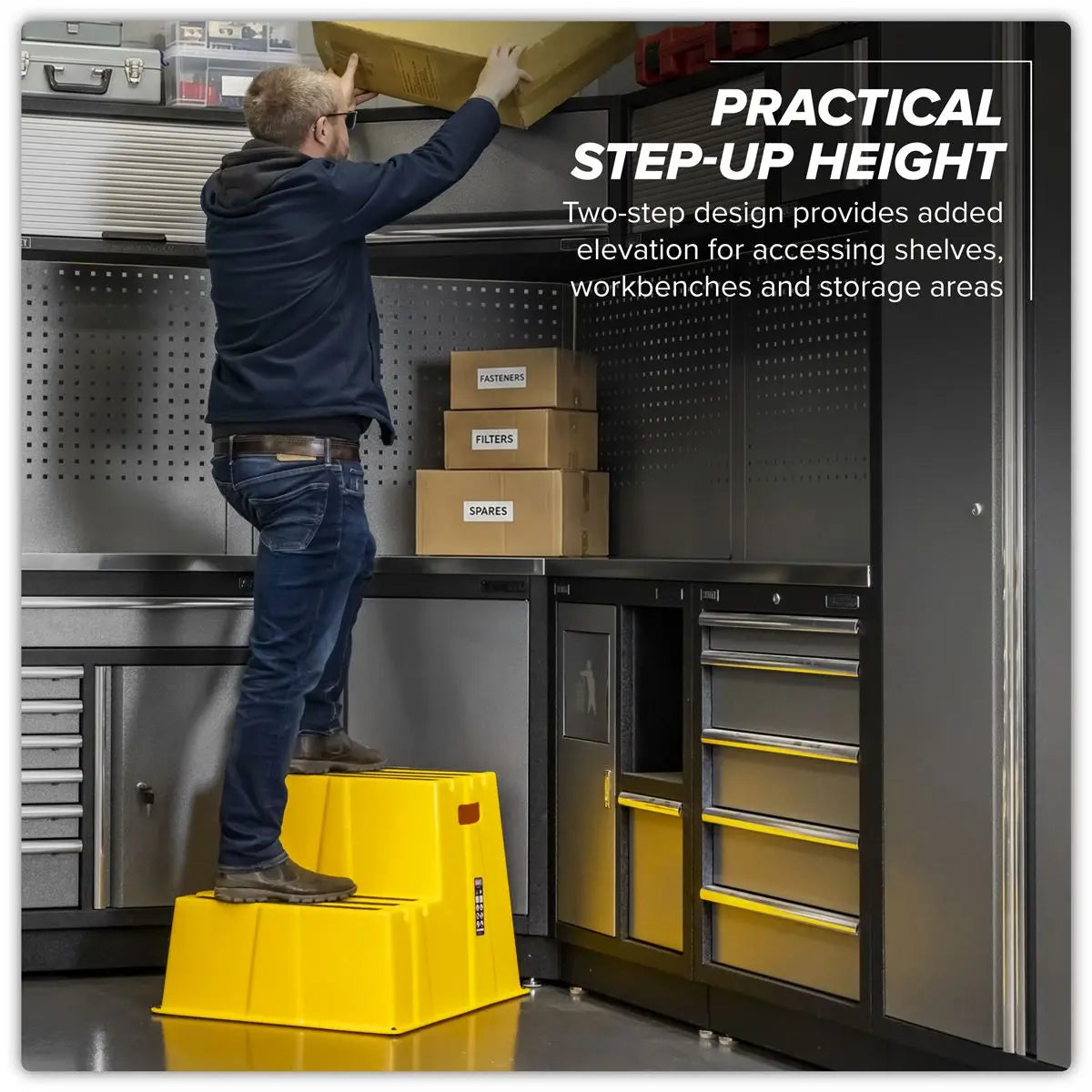 Sealey Heavy-Duty 2-Step Safety Steps with Anti-Slip Treads 150kg Capacity, Yellow - EN 14183  White Rose Tools