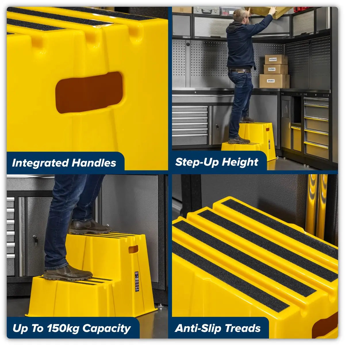 Sealey Heavy-Duty 2-Step Safety Steps with Anti-Slip Treads 150kg Capacity, Yellow - EN 14183  White Rose Tools