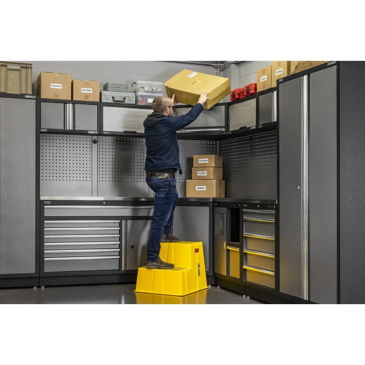 Sealey Heavy-Duty 2-Step Safety Steps with Anti-Slip Treads 150kg Capacity, Yellow - EN 14183  White Rose Tools