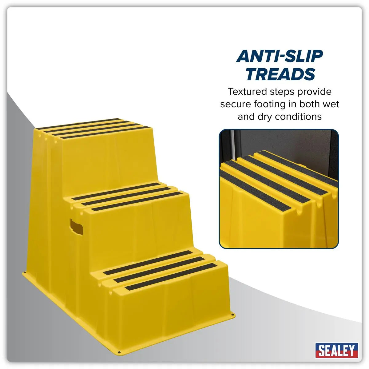 Sealey Heavy-Duty 3-Step Safety Steps with Anti-Slip Treads 150kg Capacity, Yellow - EN 14183  White Rose Tools