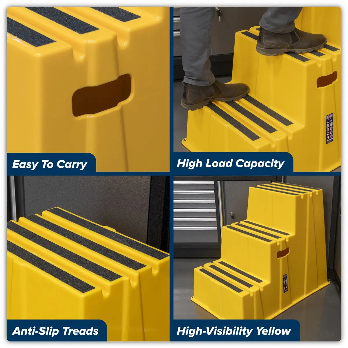 Sealey Heavy-Duty 3-Step Safety Steps with Anti-Slip Treads 150kg Capacity, Yellow - EN 14183  White Rose Tools