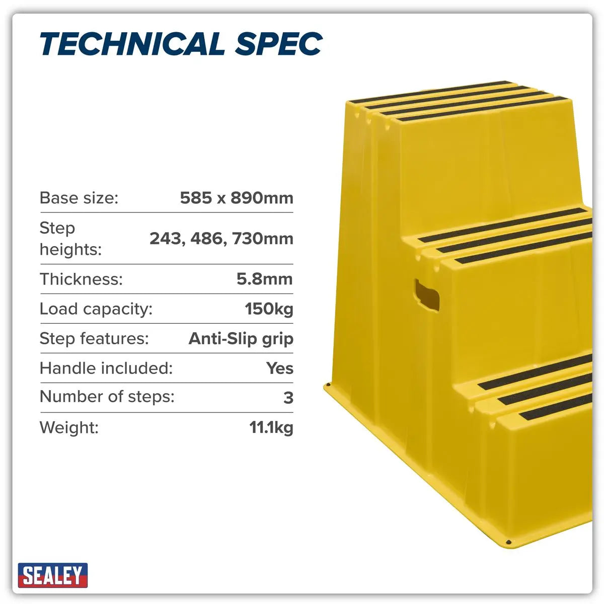 Sealey Heavy-Duty 3-Step Safety Steps with Anti-Slip Treads 150kg Capacity, Yellow - EN 14183  White Rose Tools