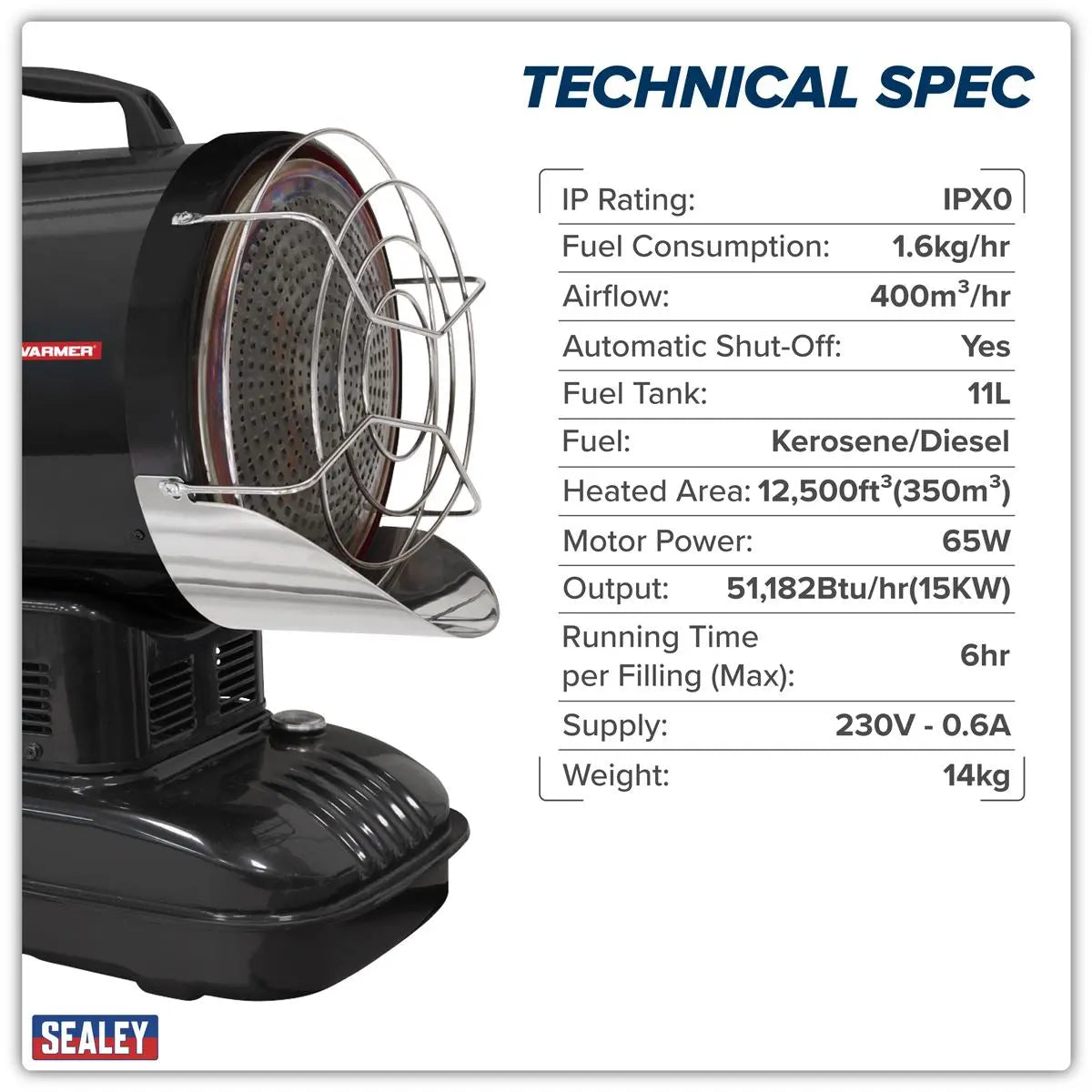 Sealey Infrared Space Warmer® Kerosene/Diesel Heater 51,000Btu/hr  White Rose Tools