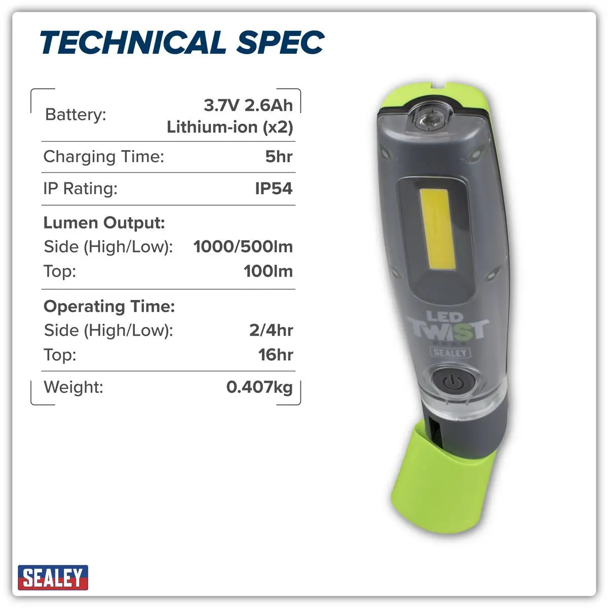 Sealey LED Twist® Rechargeable Inspection Light 8W COB & 1W SMD  White Rose Tools