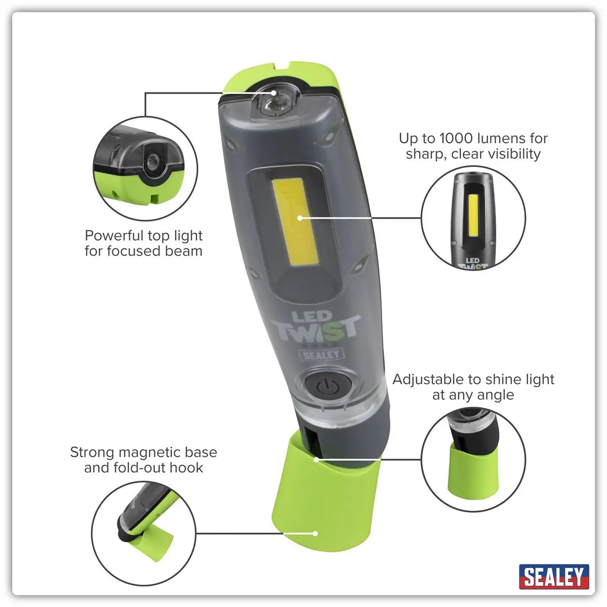 Sealey LED Twist® Rechargeable Inspection Light 8W COB & 1W SMD  White Rose Tools