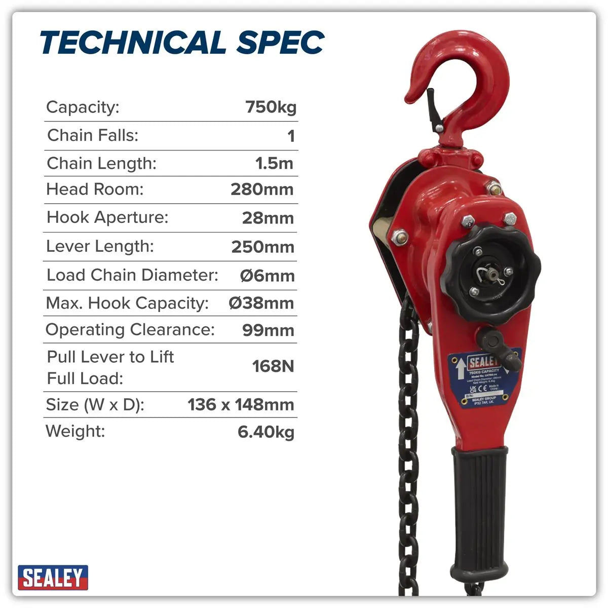 Sealey Lever Hoist Steel 750kg  White Rose Tools