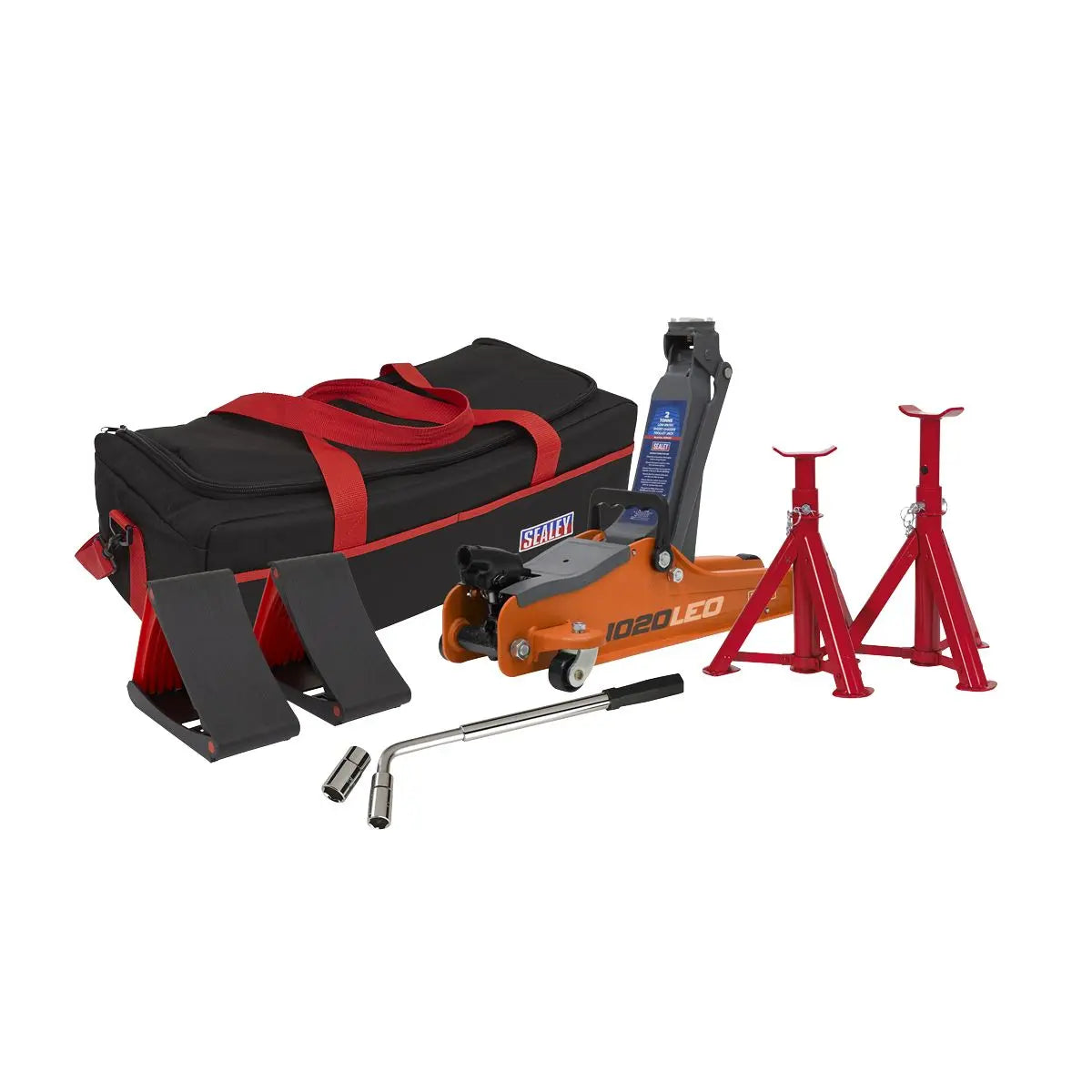 Sealey Low Entry Short Chassis Trolley Jack & Accessories Bag Combo 2 Tonne - Orange 
