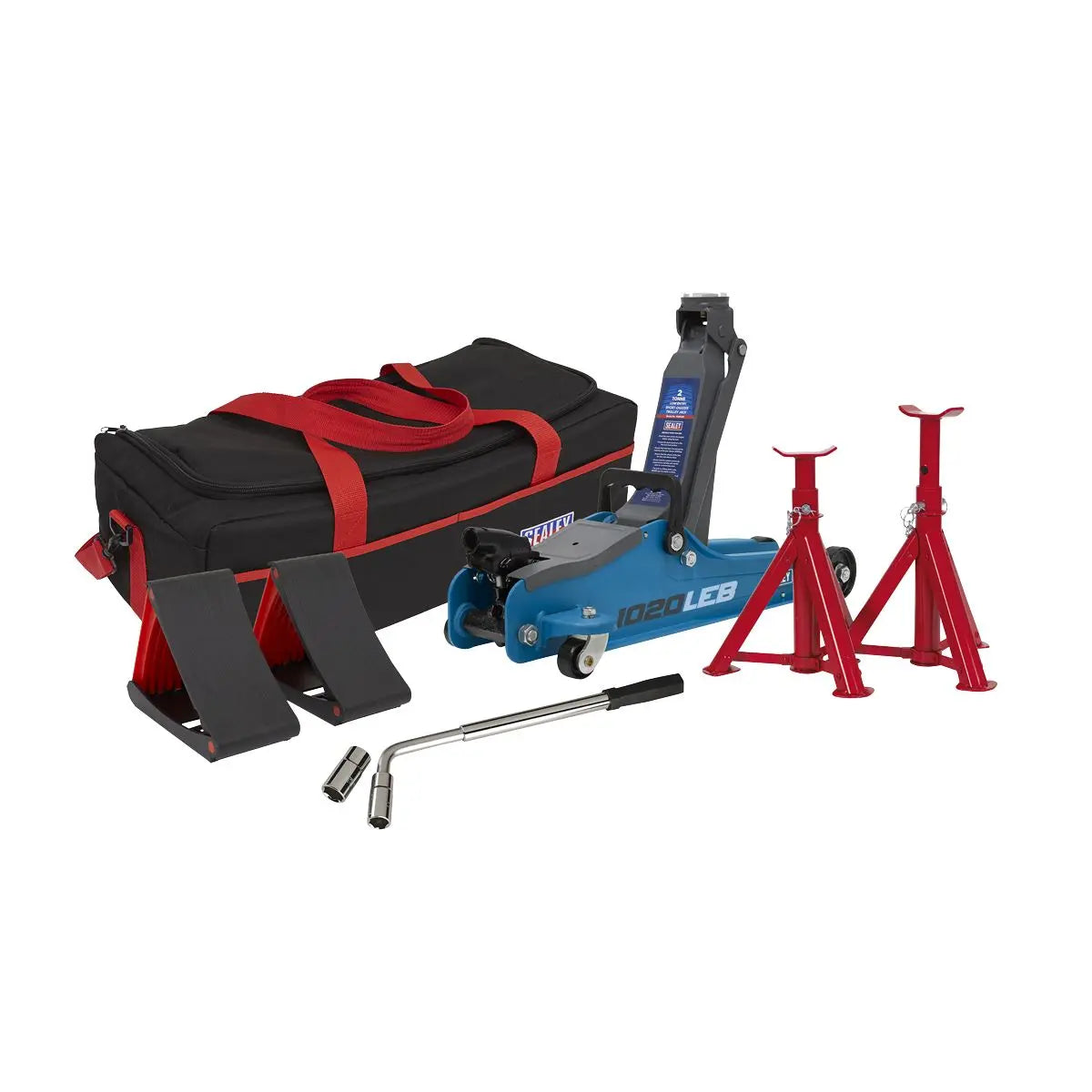Sealey Low Entry Short Chassis Trolley Jack & Accessories Bag Combo, 2 Tonne - Blue 