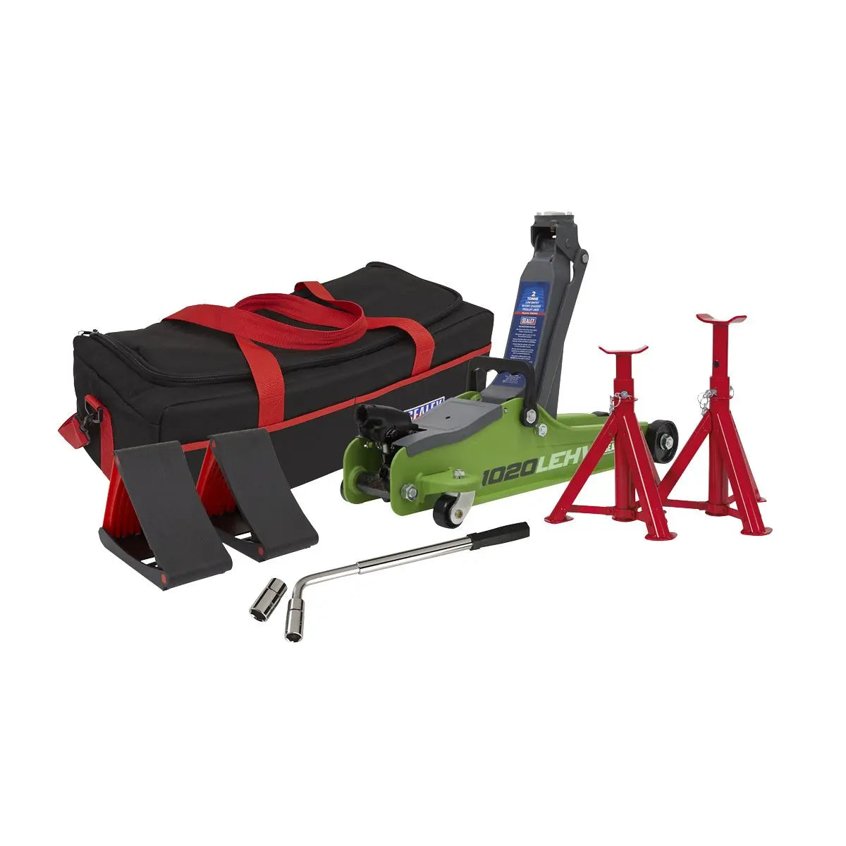 Sealey Low Entry Short Chassis Trolley Jack & Accessories Bag Combo, 2 Tonne - Green 