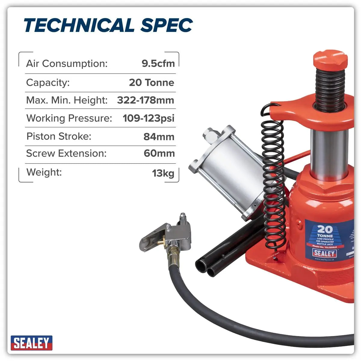 Sealey Low Profile Air Operated Hydraulic Bottle Jack 20 Tonne  White Rose Tools