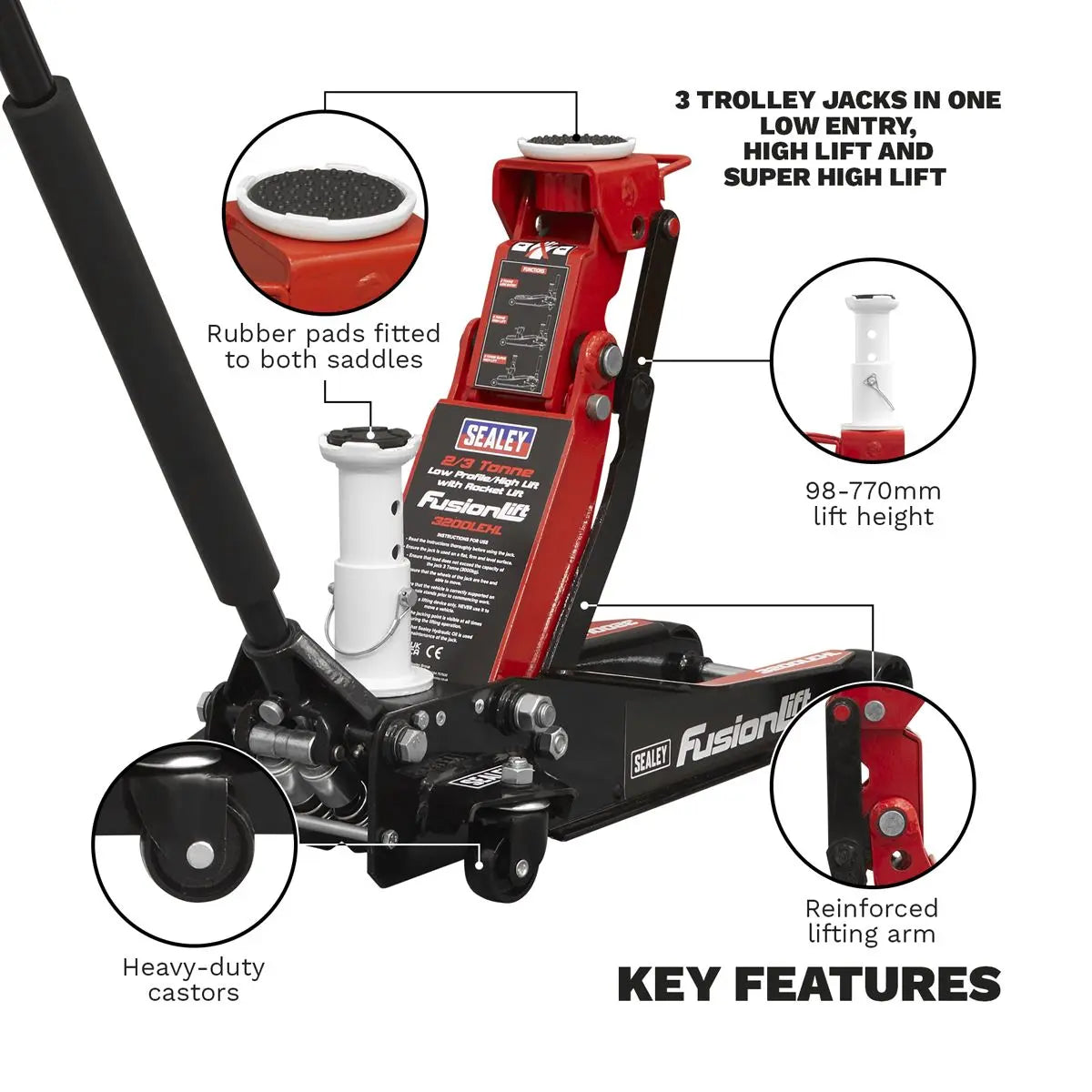 Sealey Low Profile High Lift Trolley Jack with Rocket Lift 2/3 Tonne  White Rose Tools
