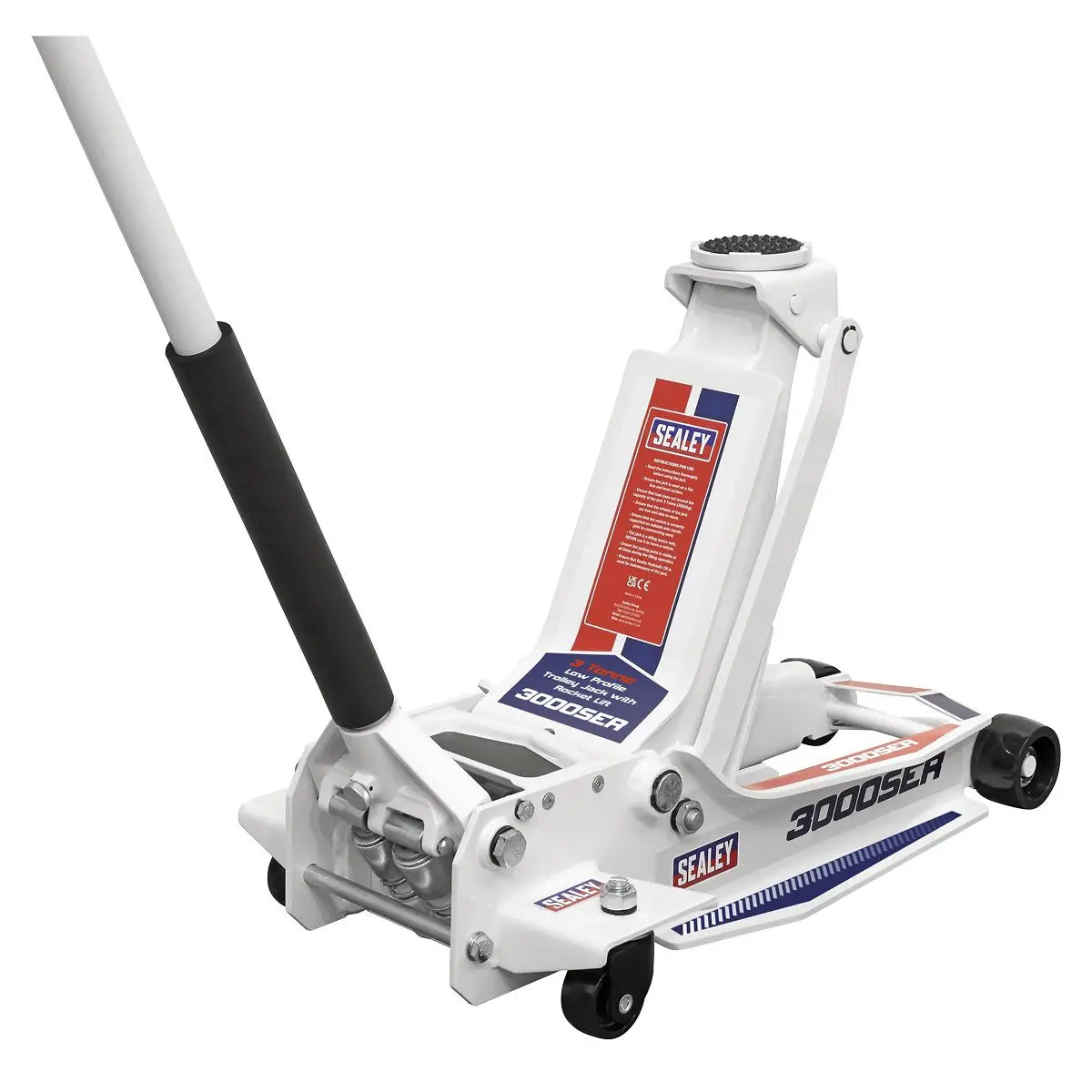 Sealey Low Profile Long Reach Trolley Jack with Rocket Lift 3 Tonne  White Rose Tools