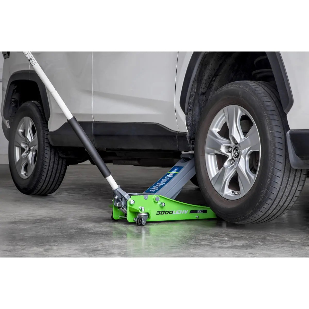 Sealey Low Profile Trolley Jack with Rocket Lift 3 Tonne - Green  White Rose Tools