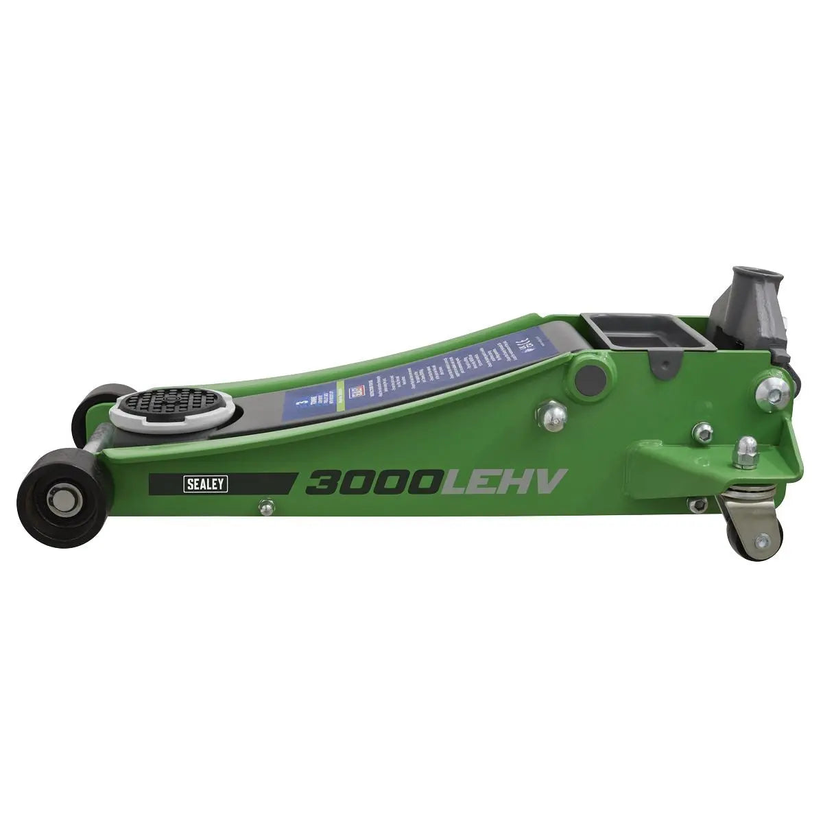 Sealey Low Profile Trolley Jack with Rocket Lift 3 Tonne - Green  White Rose Tools