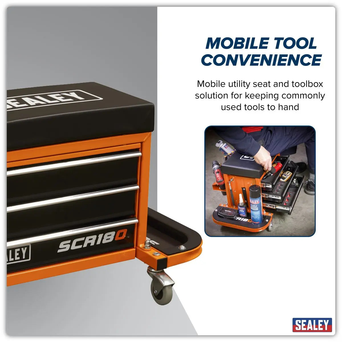 Sealey Mechanic's Utility Seat & Toolbox - Orange - White Rose Tools