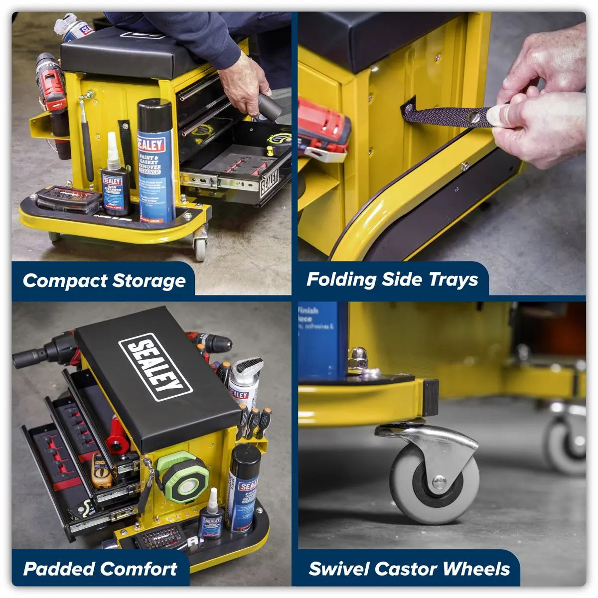Sealey Mechanic's Utility Seat & Toolbox - Yellow - White Rose Tools