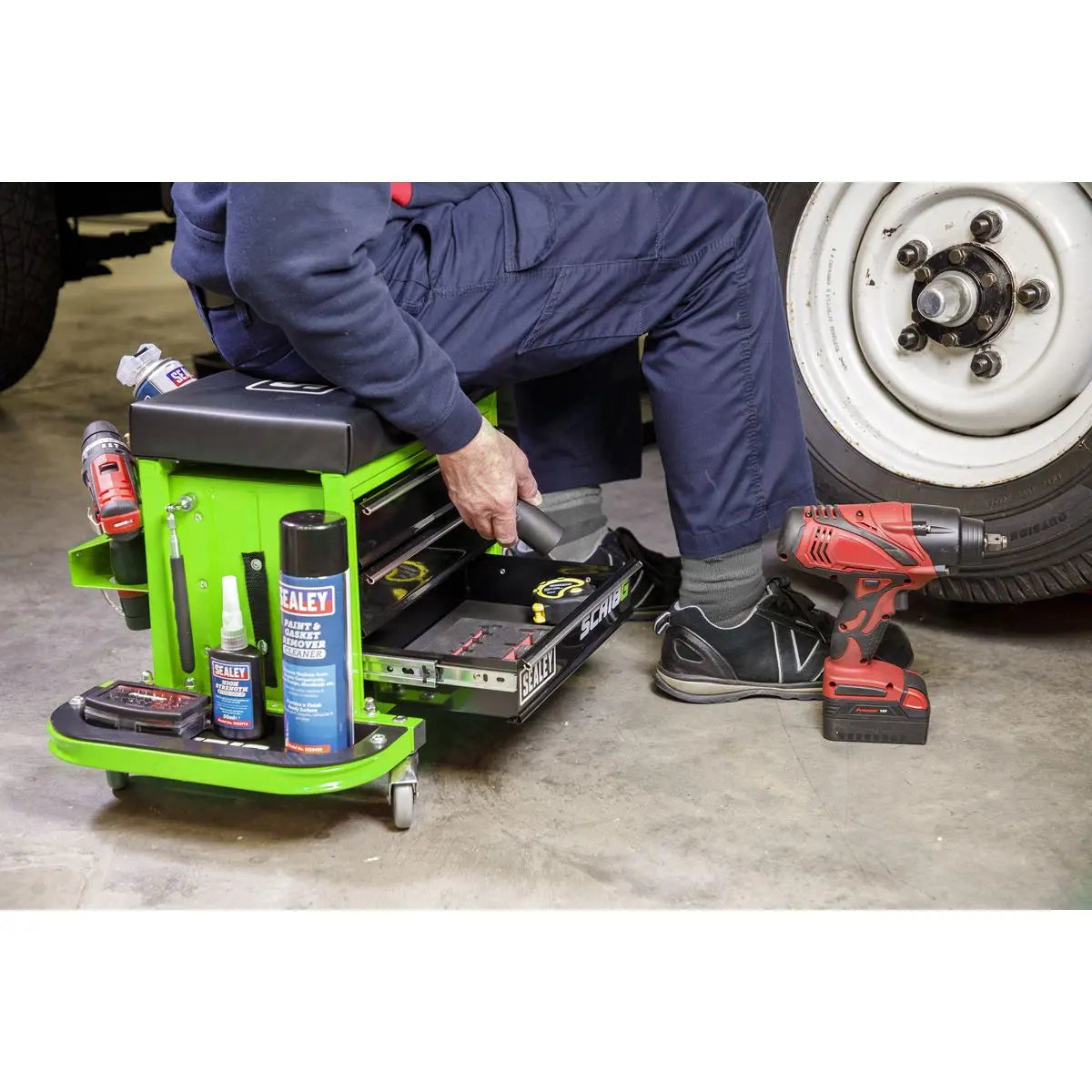 Sealey Mechanics Rolling Utility Seat and Toolbox with Drawers Green 
