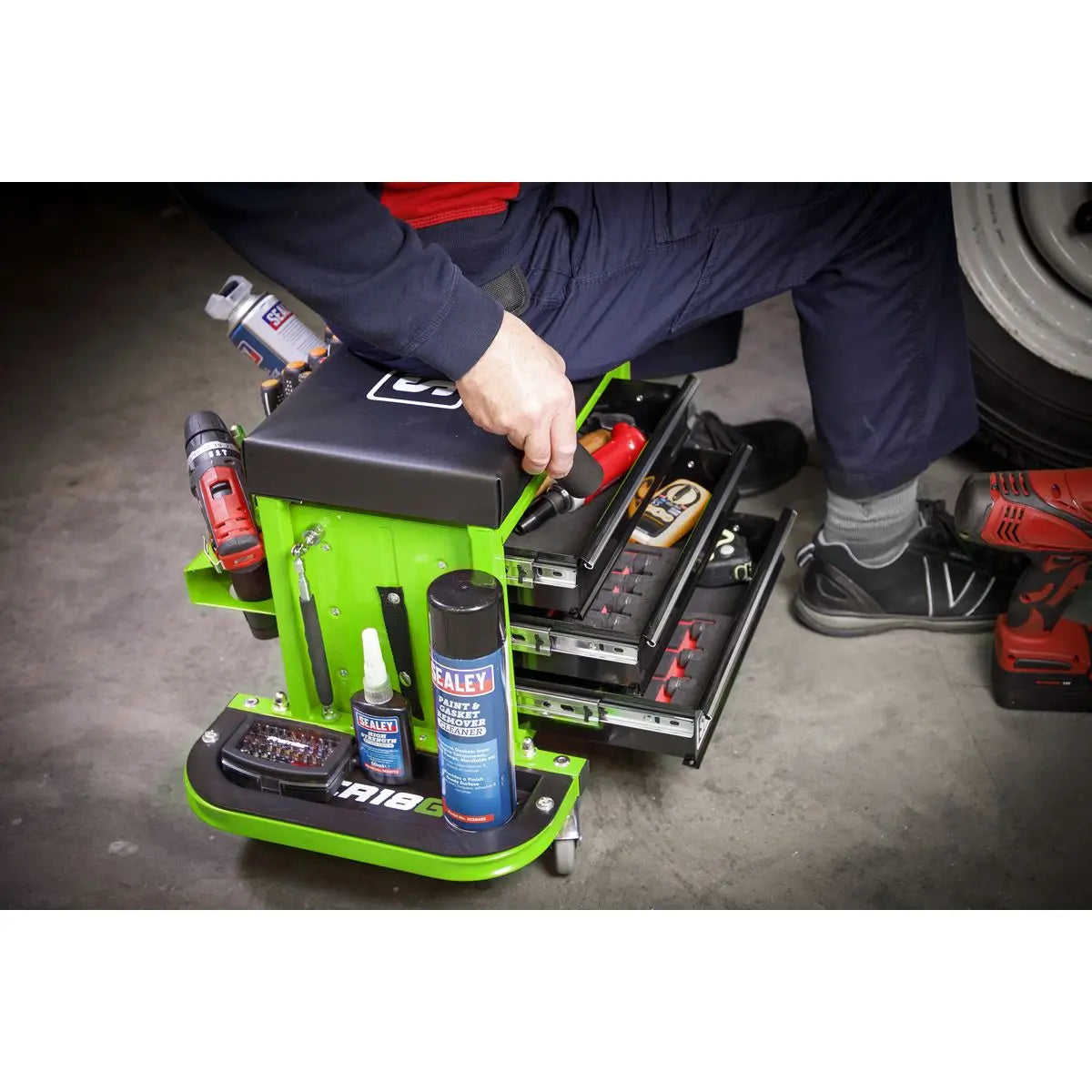Sealey Mechanics Rolling Utility Seat and Toolbox with Drawers Green 