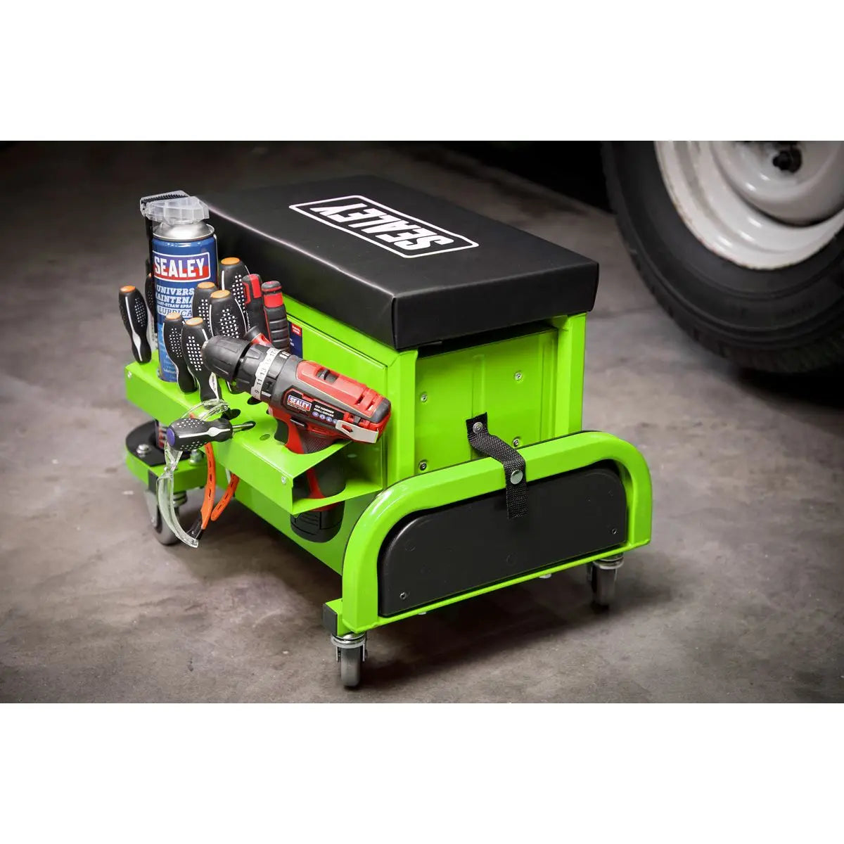 Sealey Mechanics Rolling Utility Seat and Toolbox with Drawers Green 