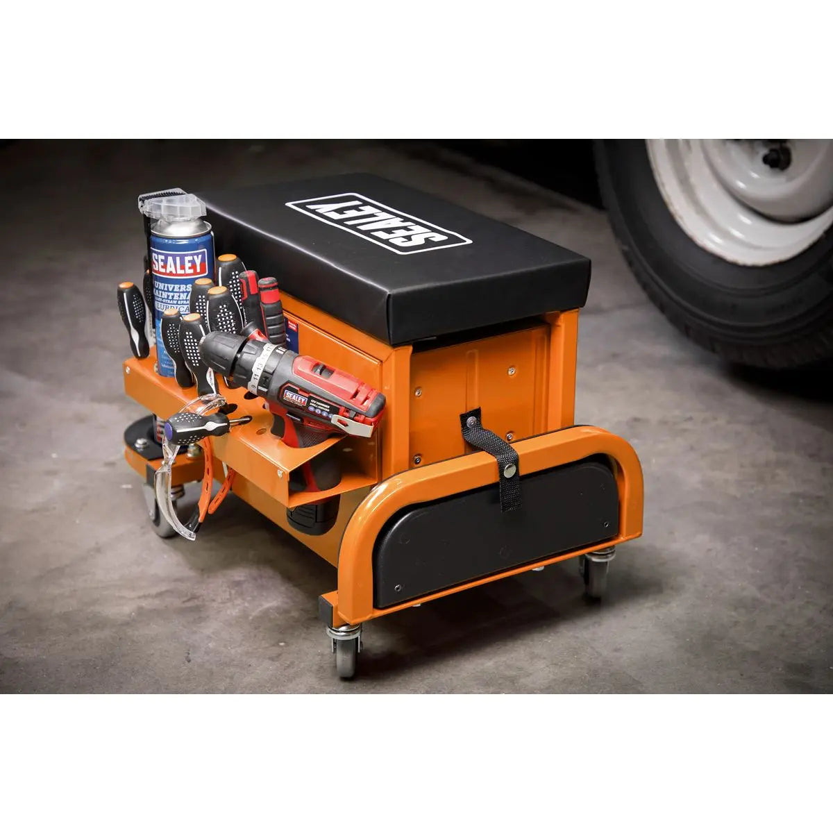 Sealey Mechanics Rolling Utility Seat and Toolbox with Drawers Orange 