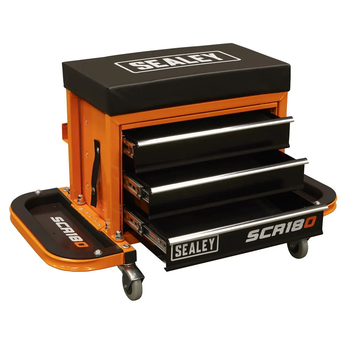 Sealey Mechanics Rolling Utility Seat and Toolbox with Drawers Orange 