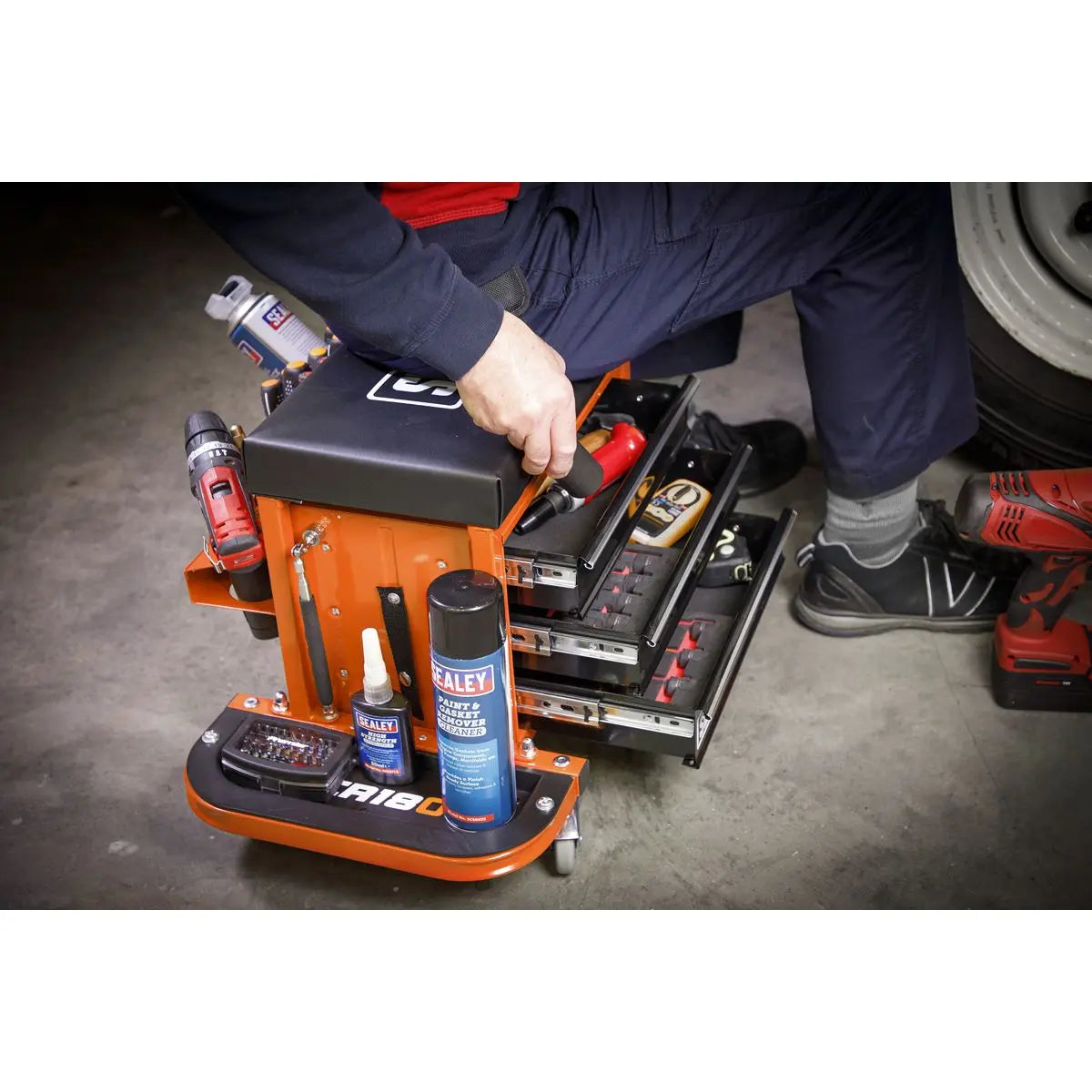 Sealey Mechanics Rolling Utility Seat and Toolbox with Drawers Orange 