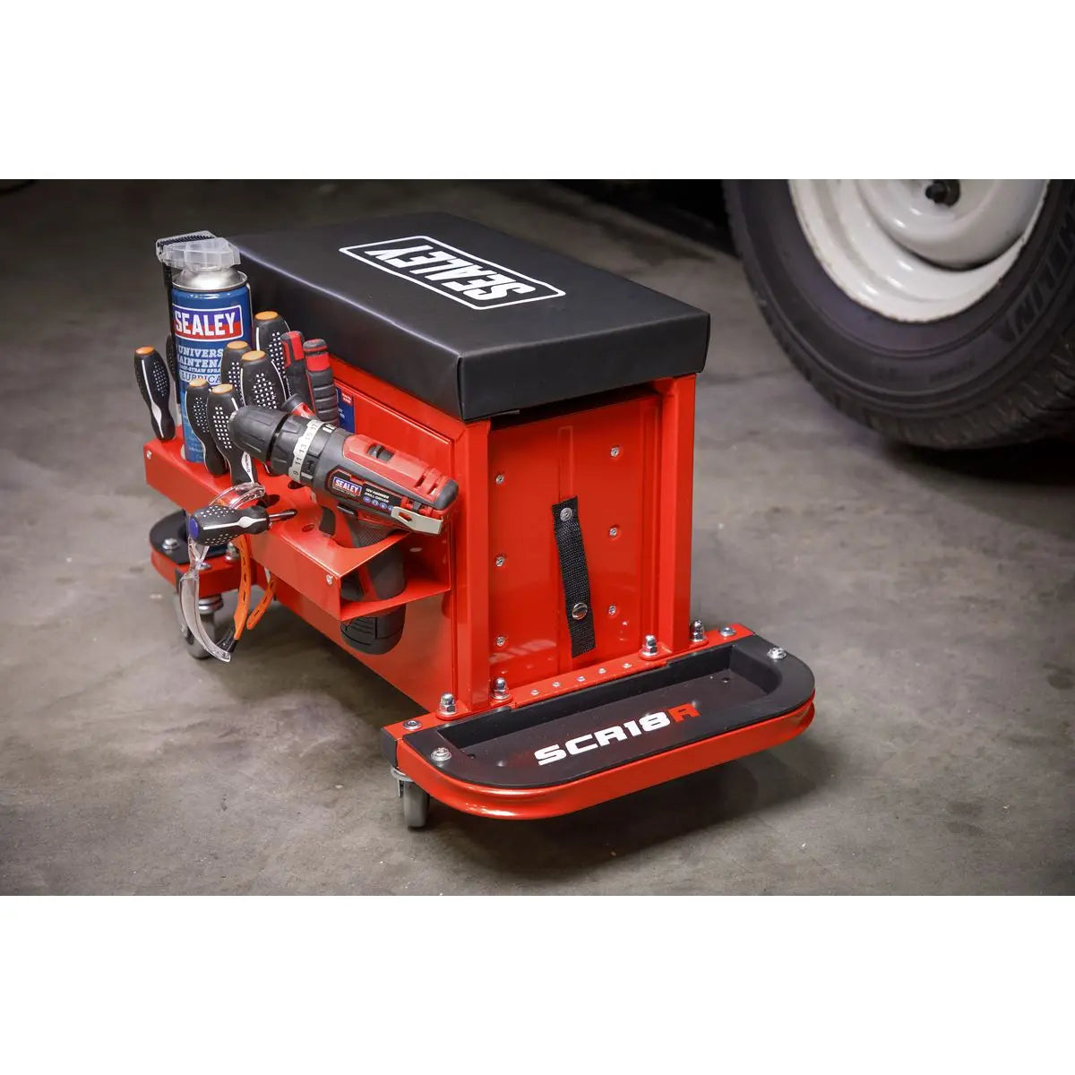 Sealey Mechanics Rolling Utility Seat and Toolbox with Drawers Red 