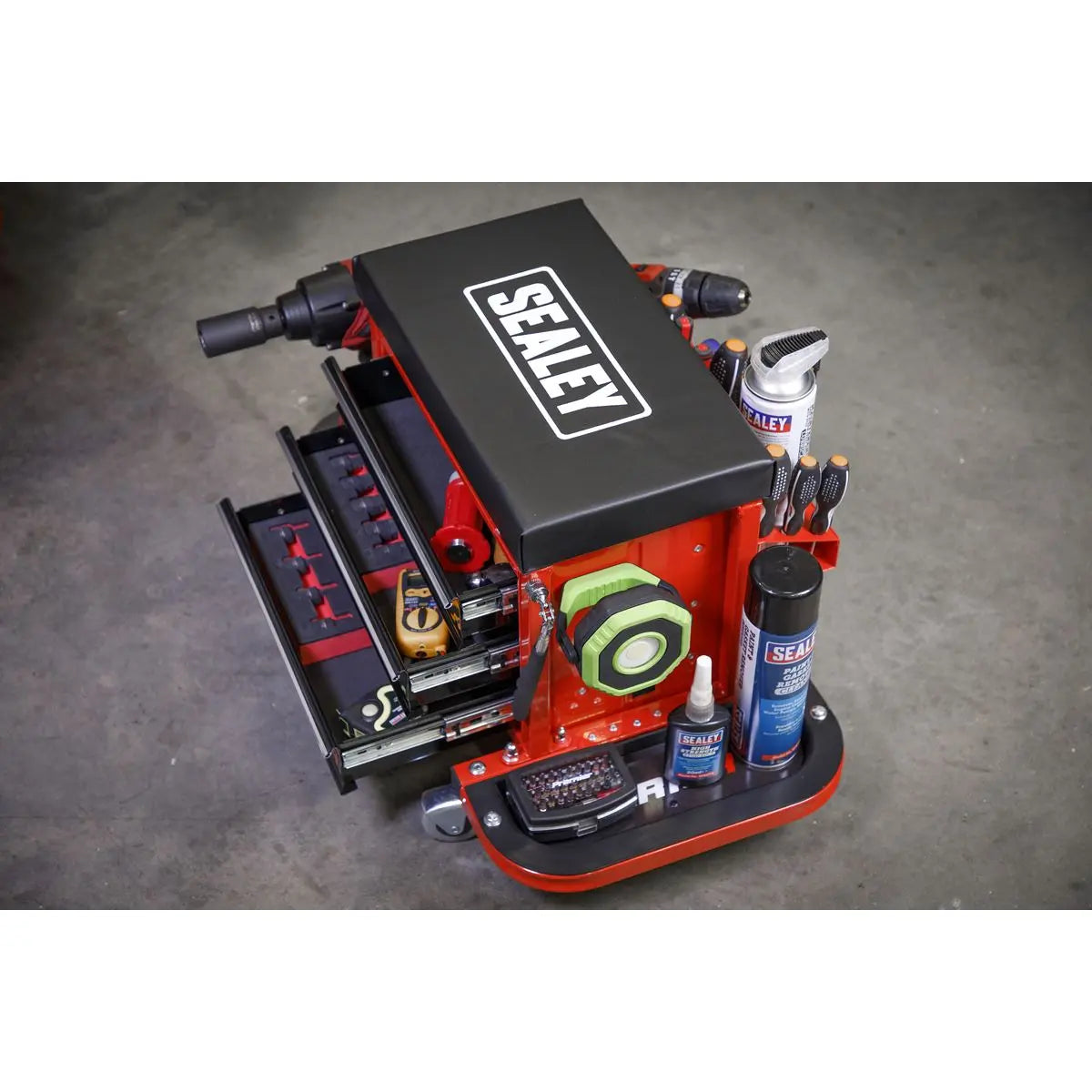 Sealey Mechanics Rolling Utility Seat and Toolbox with Drawers Red 
