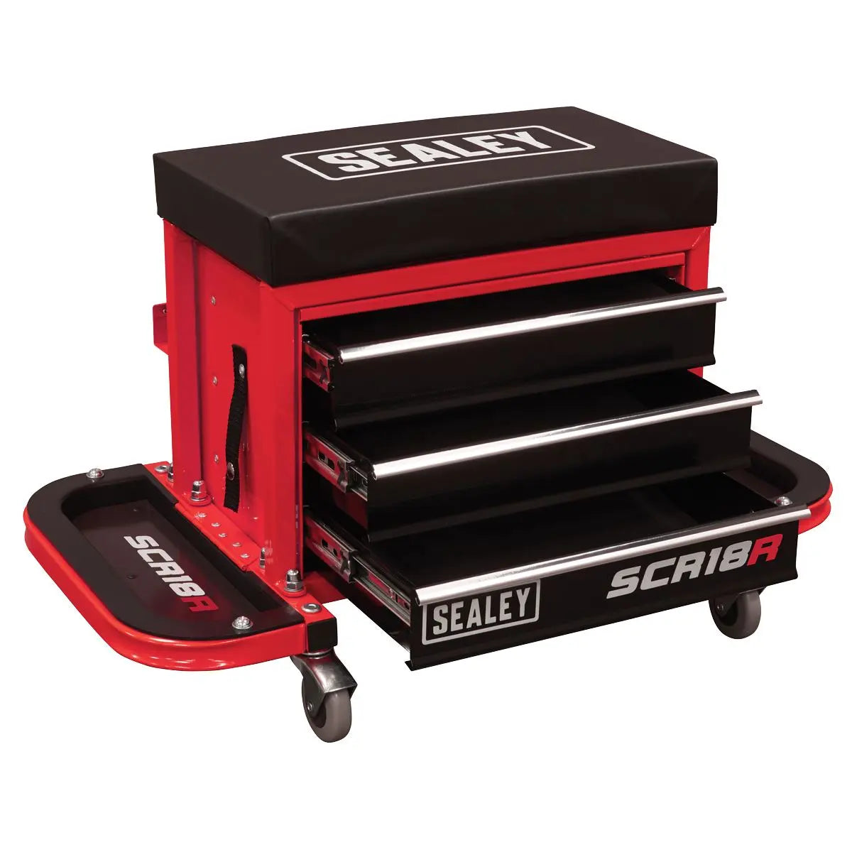 Sealey Mechanics Rolling Utility Seat and Toolbox with Drawers Red 