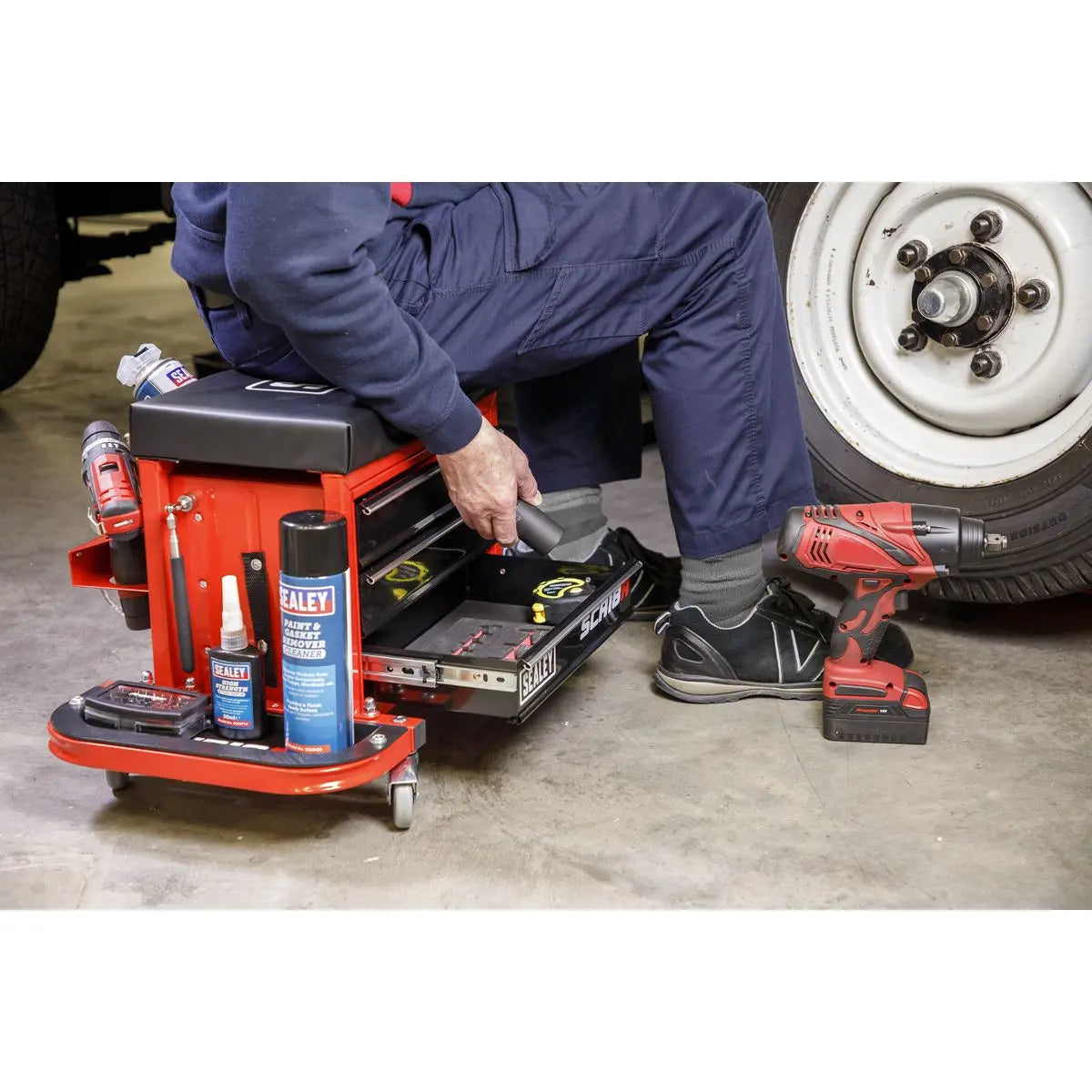 Sealey Mechanics Rolling Utility Seat and Toolbox with Drawers Red 