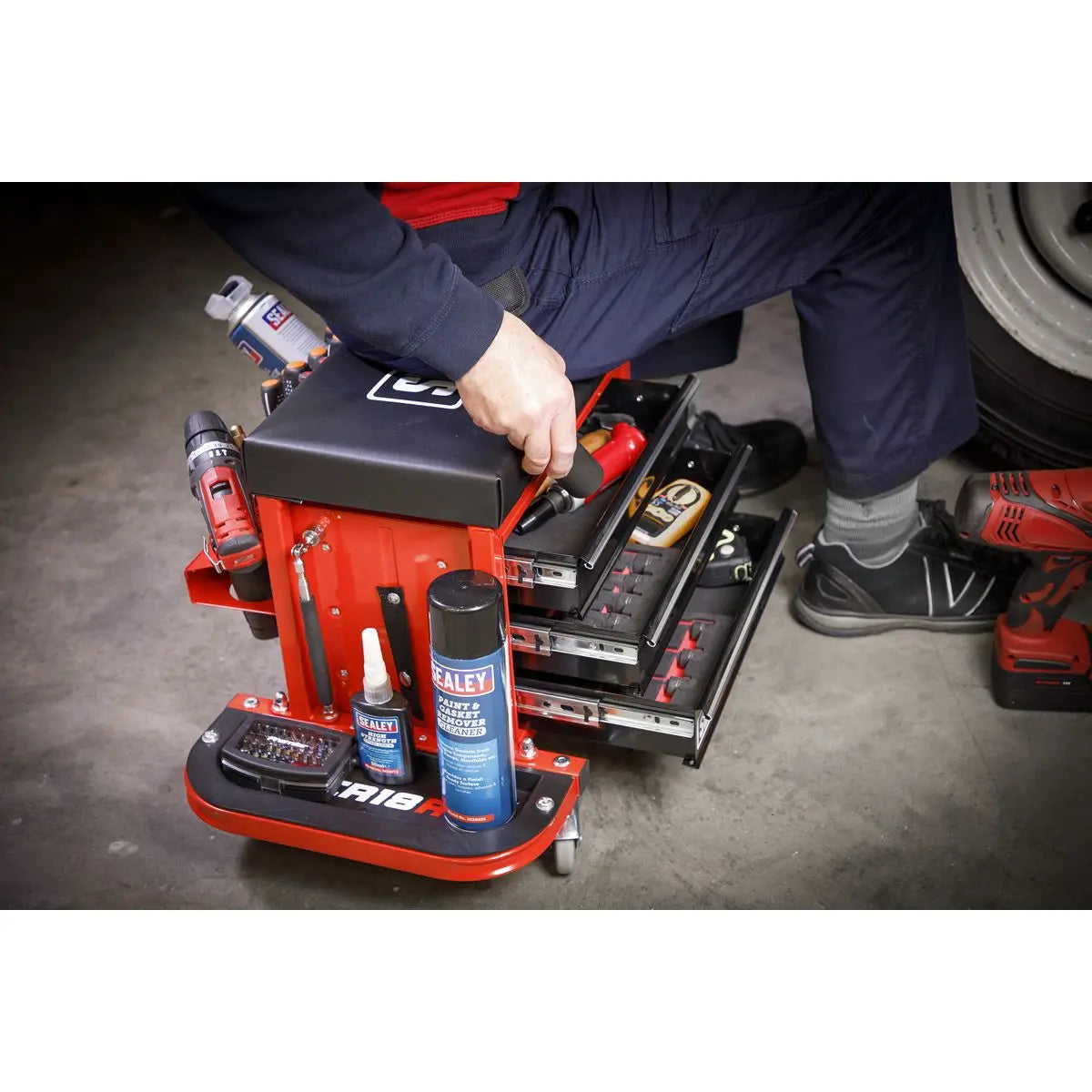 Sealey Mechanics Rolling Utility Seat and Toolbox with Drawers Red 