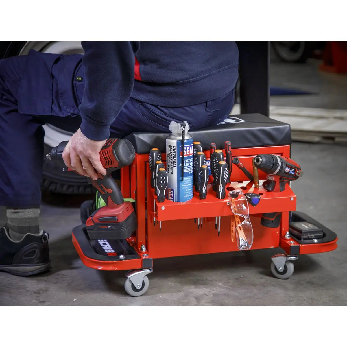 Sealey Mechanics Rolling Utility Seat and Toolbox with Drawers Red 