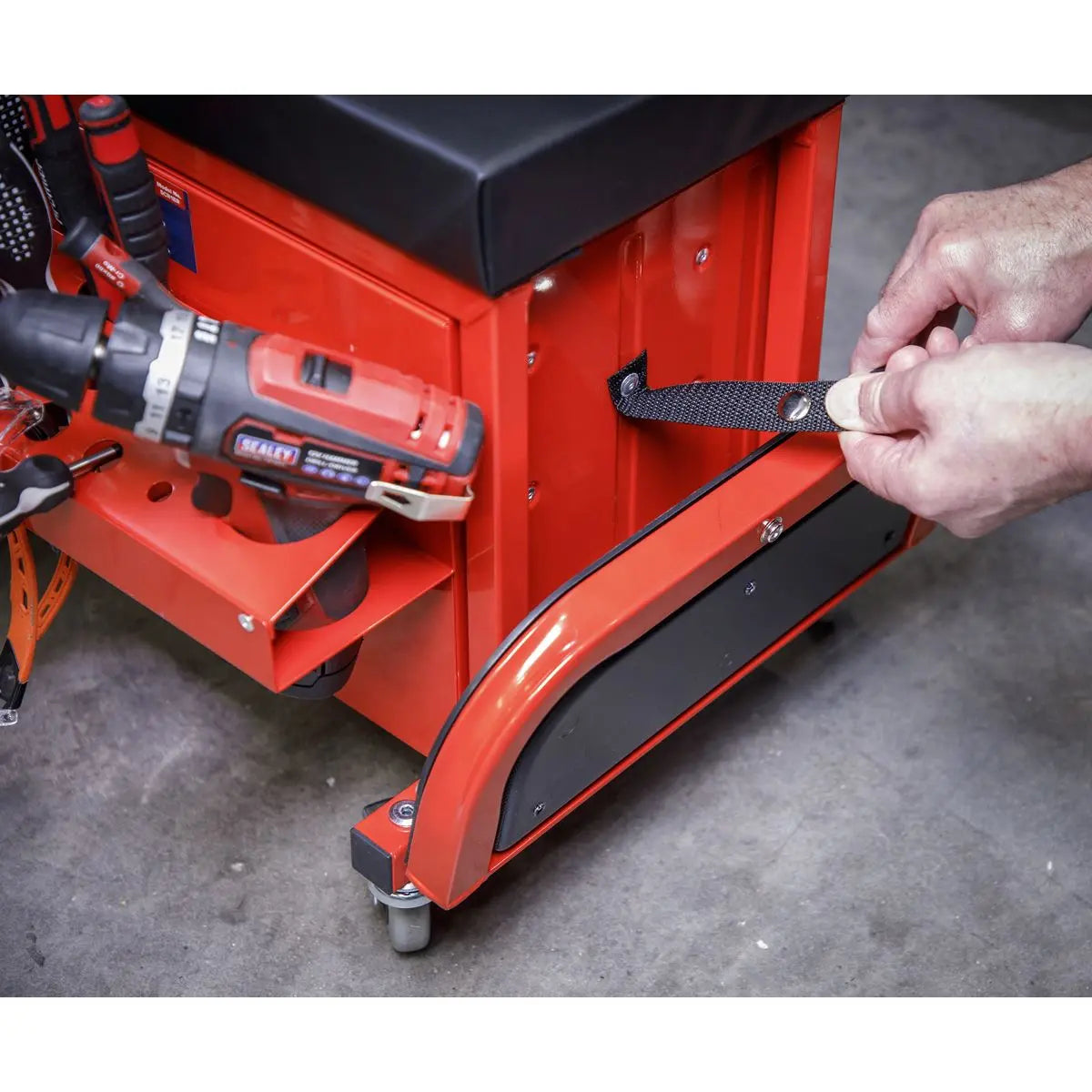 Sealey Mechanics Rolling Utility Seat and Toolbox with Drawers Red 