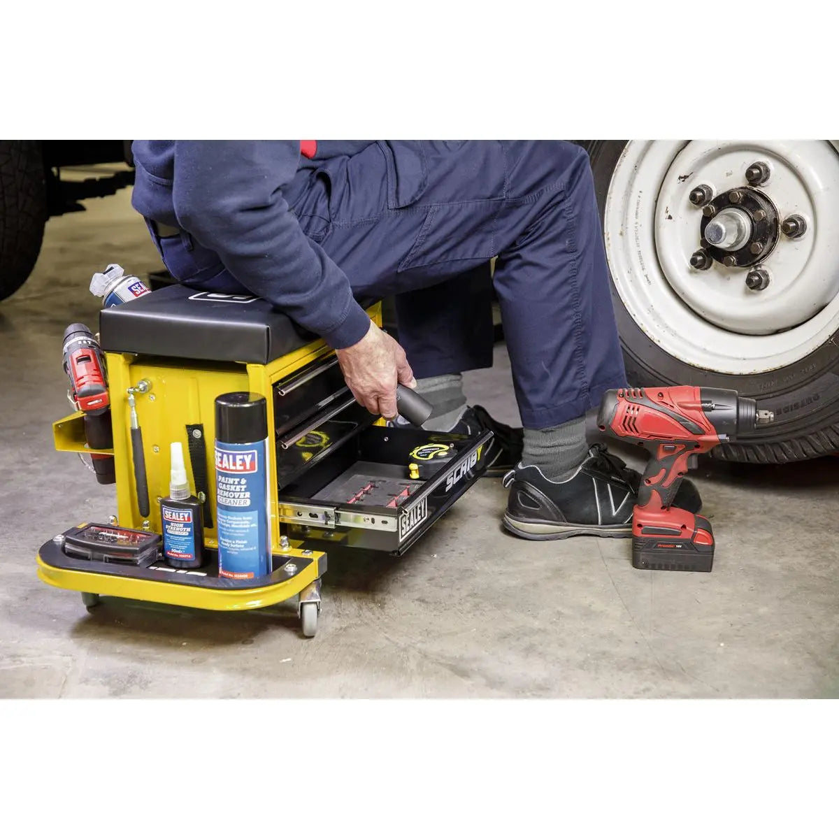 Sealey Mechanics Rolling Utility Seat and Toolbox with Drawers Yellow 