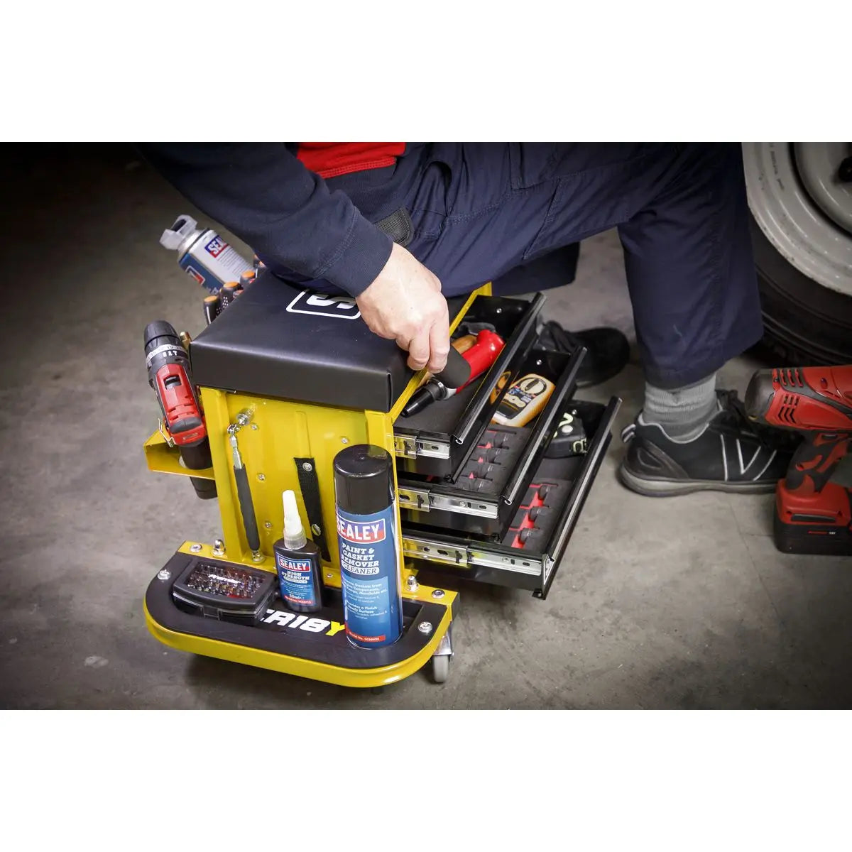 Sealey Mechanics Rolling Utility Seat and Toolbox with Drawers Yellow 