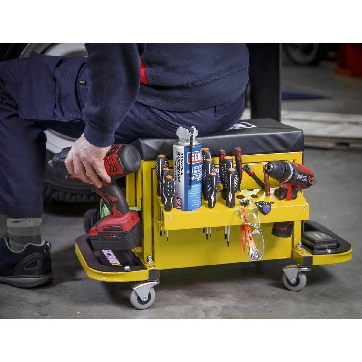 Sealey Mechanics Rolling Utility Seat and Toolbox with Drawers Yellow 