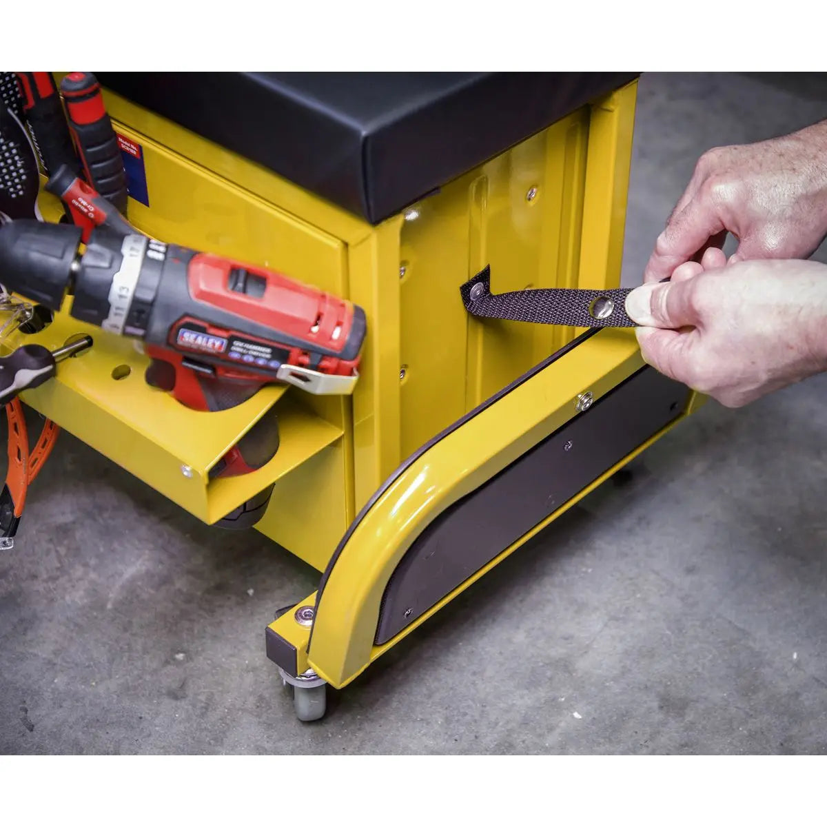Sealey Mechanics Rolling Utility Seat and Toolbox with Drawers Yellow 