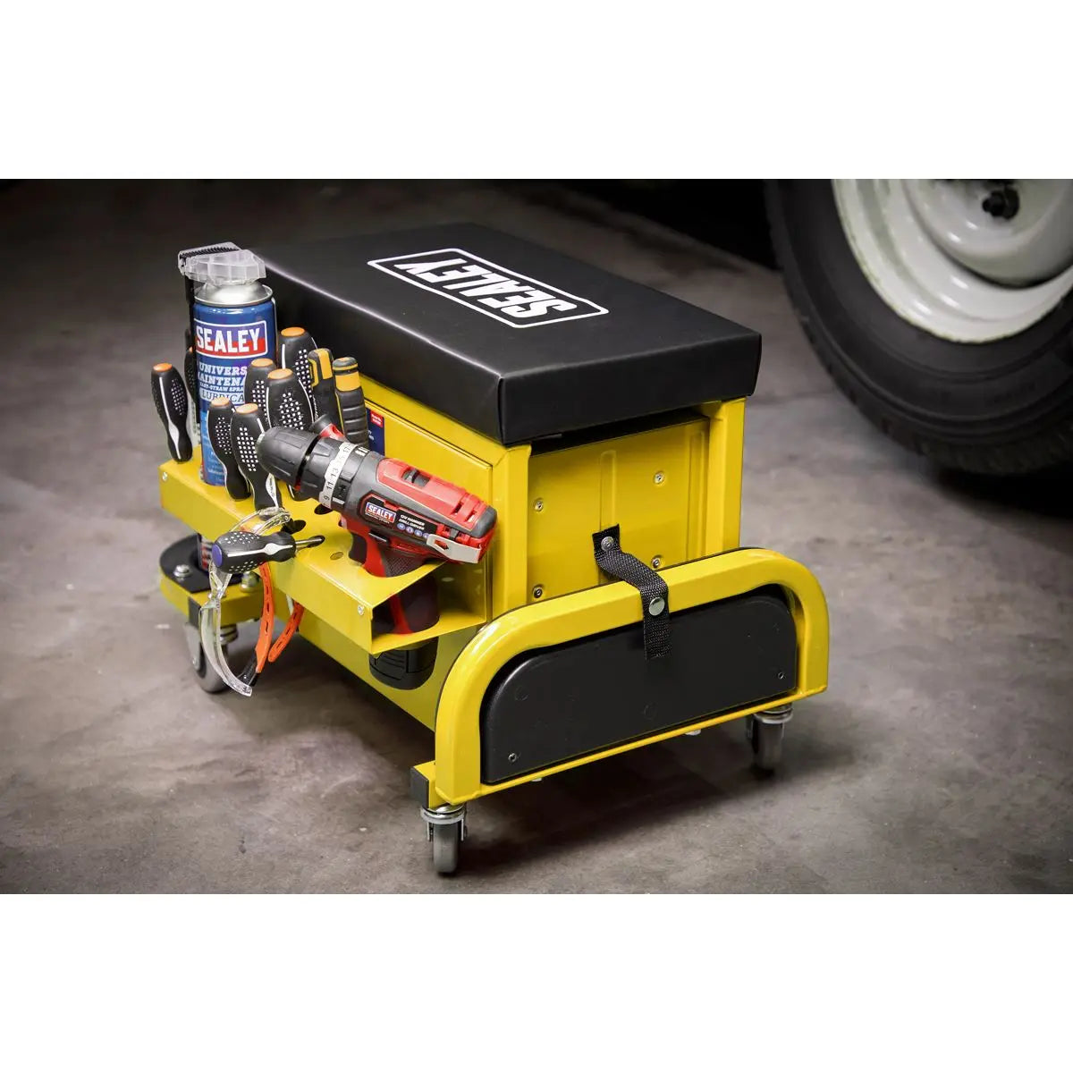 Sealey Mechanics Rolling Utility Seat and Toolbox with Drawers Yellow 