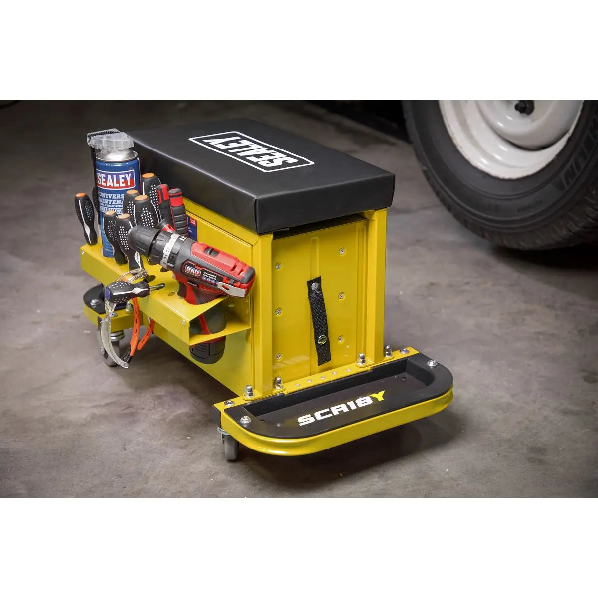 Sealey Mechanics Rolling Utility Seat and Toolbox with Drawers Yellow 